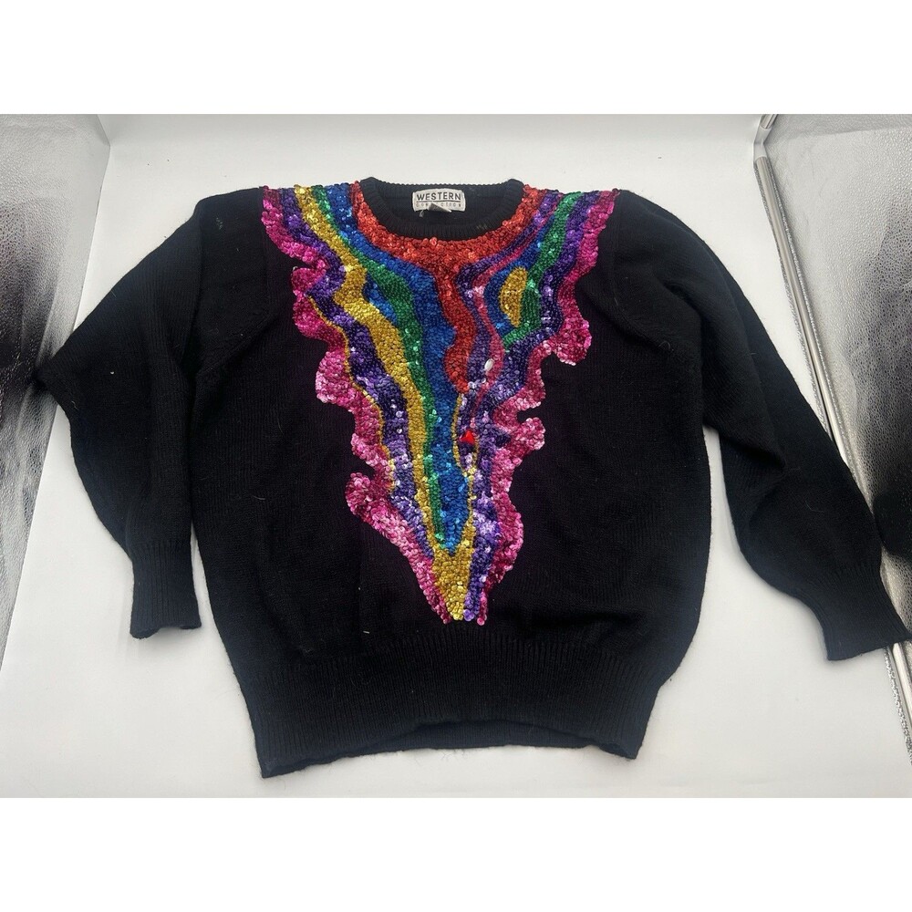 VTG. Women’s Western Connection 80’s/90’s Black w/Colorful Sequence Size L Party